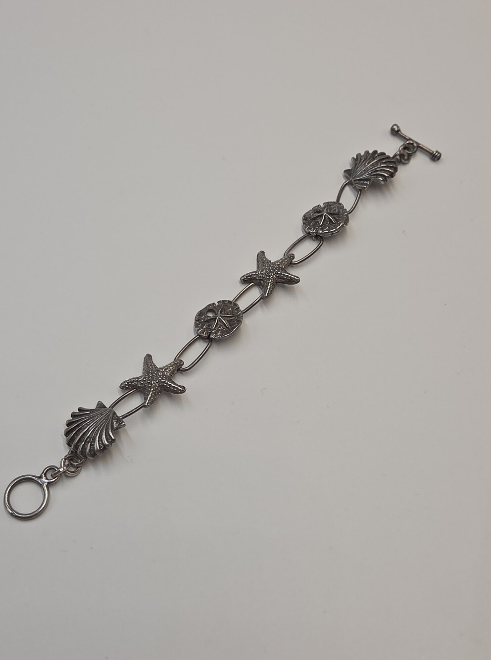 Vintage Sterling Silver Seashell Ocean Life Starfish Sand dollar Bracelet 7"